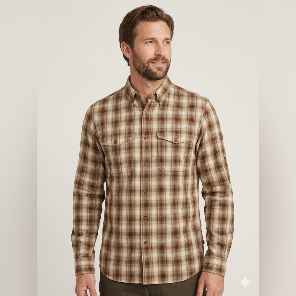 Fjallraven Sarek Plaid Button Down Work Shirt Brown Tan Long Sleeve Size small